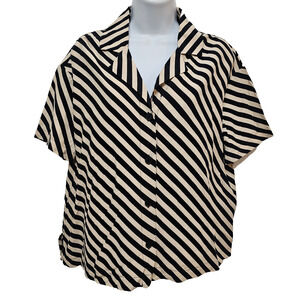 NWT Womens Blouse S Black Tan Diagonal Striped Resort Chic Minimalist Classic